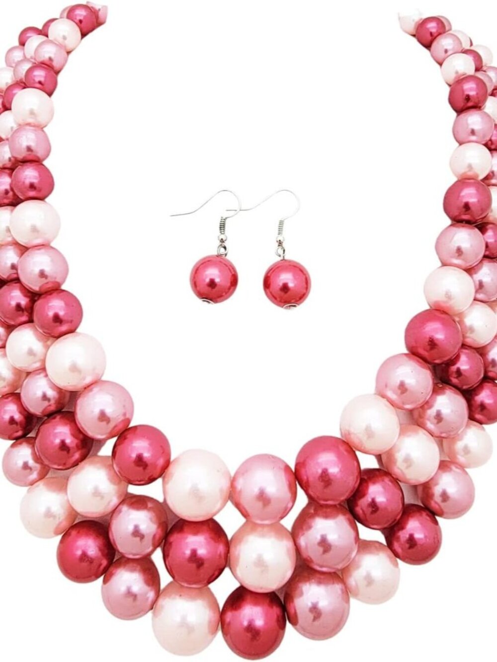 Women's Faux Pearl Three Multi-Strand Statement Necklace and Earrings Set
